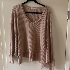 Free People Beige Ribbed V-Neck Hoodie